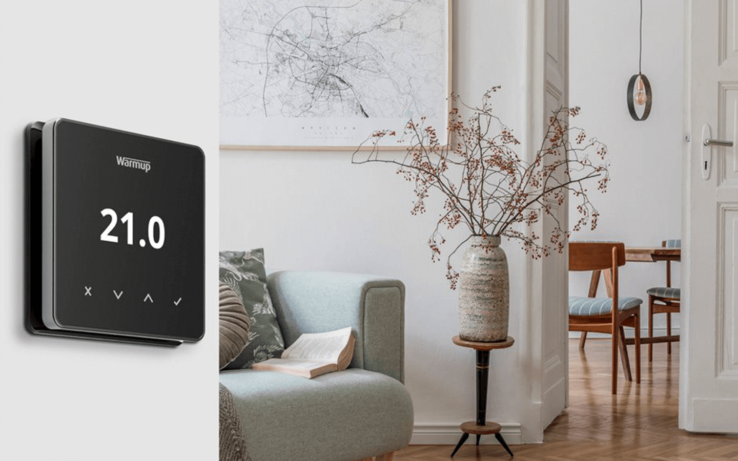 Warmup Wohnzimmer mit Element Smart WLAN Thermostat Fußbodenheizung