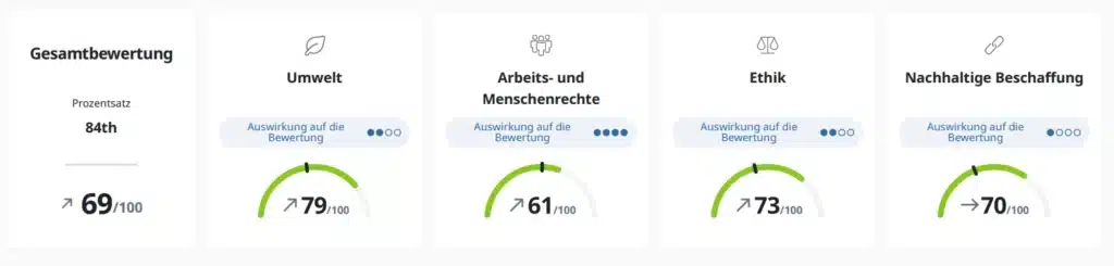 Infografik über die vier EcoVadis-Bewertungskategorien: Umwelt, Arbeits- & Menschenrechte, Ethik, nachhaltiger Einkauf