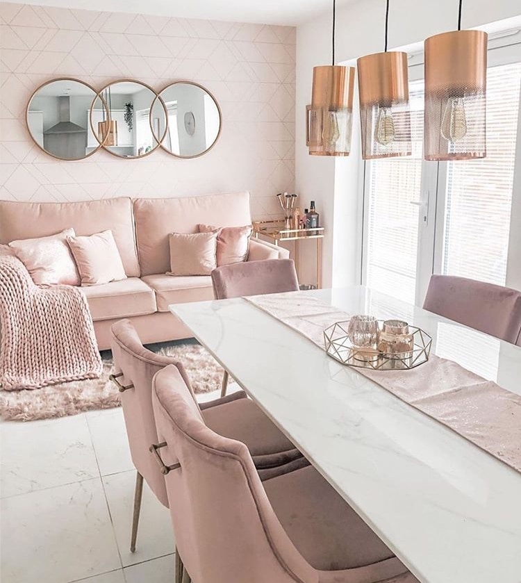 pink and white living room and dining room